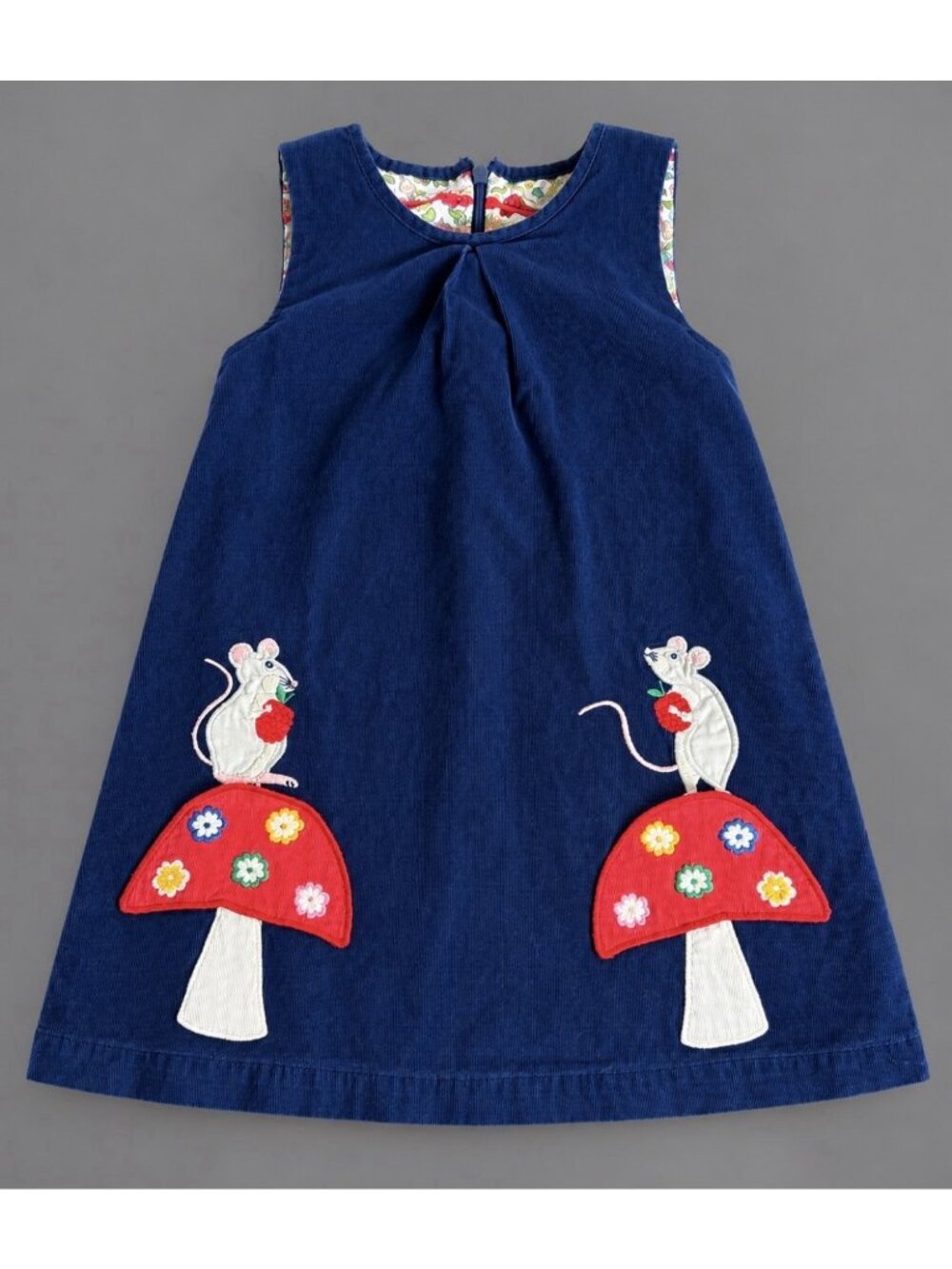 MINI BODEN Girls Size 4-5 Navy Blue Corduroy Jumper Dress Mouse Mushroom